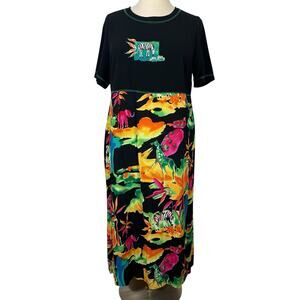 Vintage 90s Dress Teddi Woman 1X Maxi Rainbow Safari Jungle Tropical Resortwear